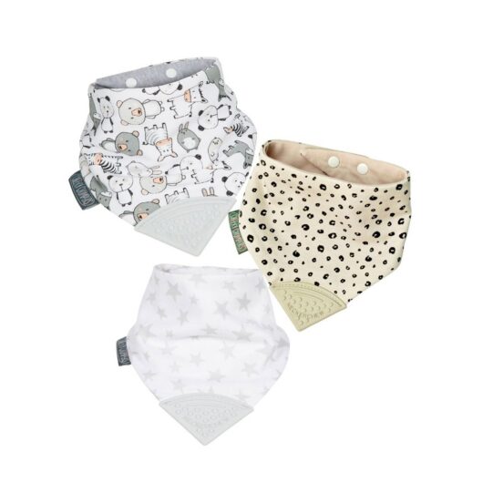 Cheeky Chompers Neckerchew Teething Bib 3 Pack - Leopard, Silver Stars, Panda